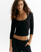Modal Soft Lounge Long Sleeve Wrap Top - Black