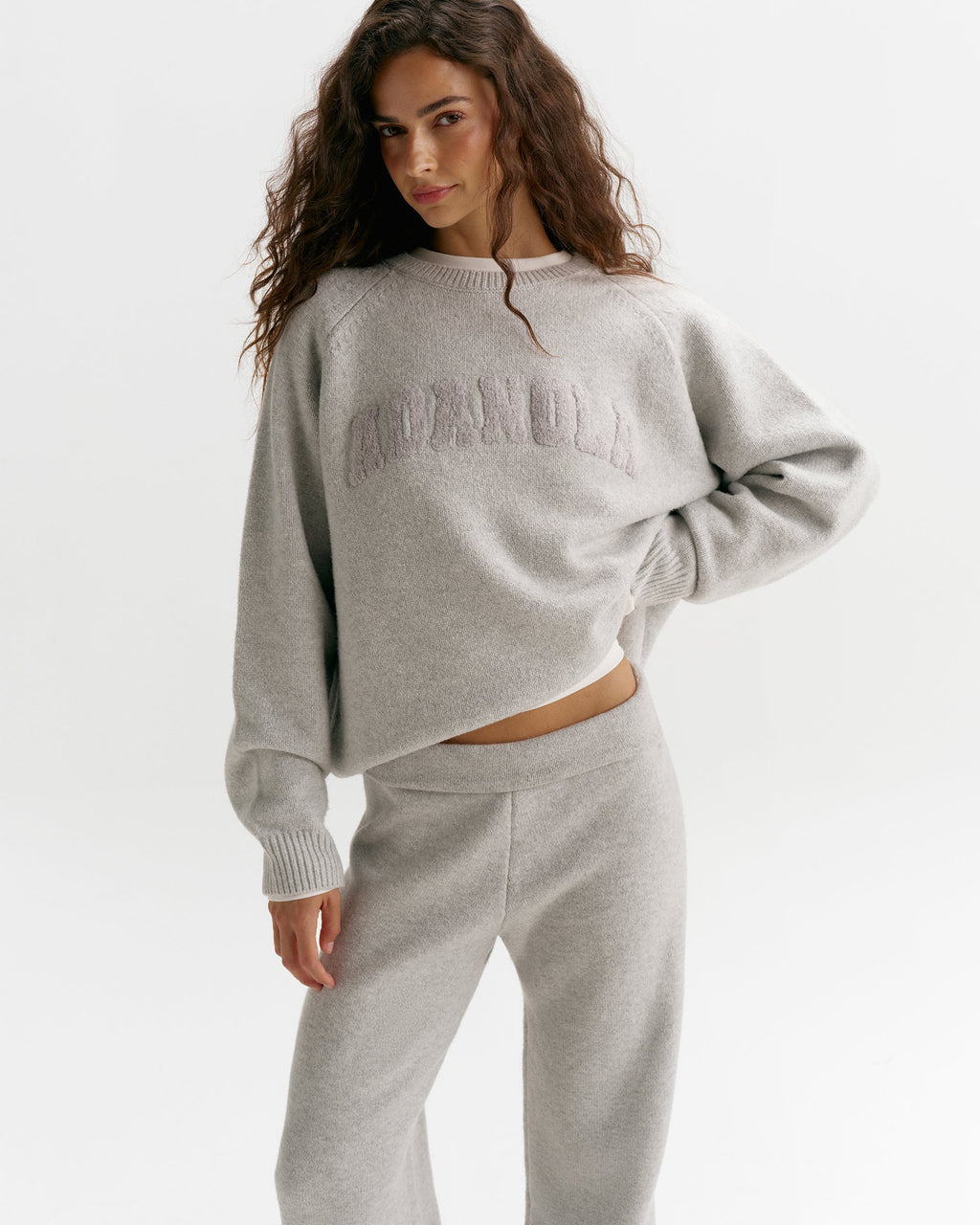 Varsity Boucle Oversized Knit Sweatshirt - Light Grey Melange