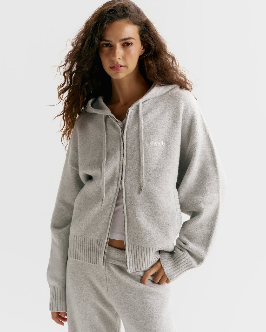 Adanola Knit Hooded Bomber Jacket - Light Grey Melange