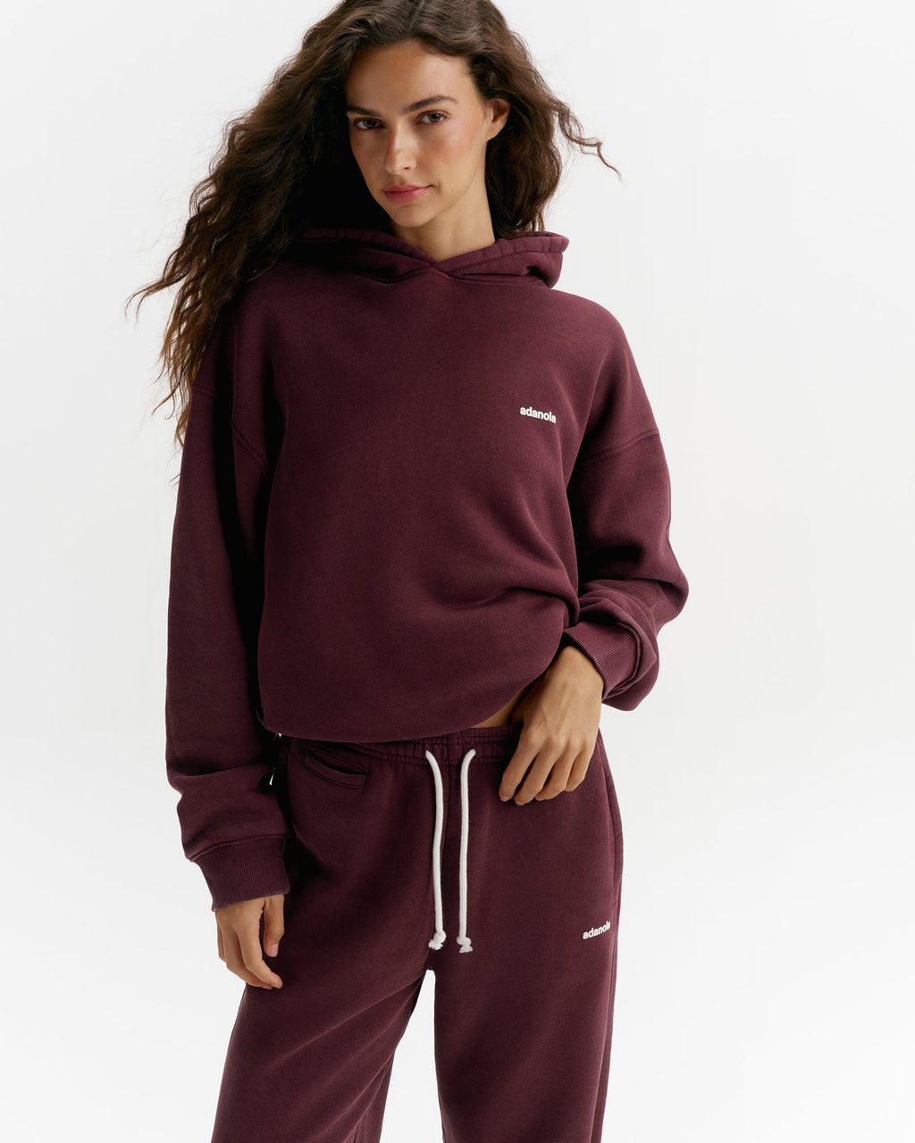 Vintage Washed Adanola Relaxed Hoodie - Damson Red/Marshmallow White