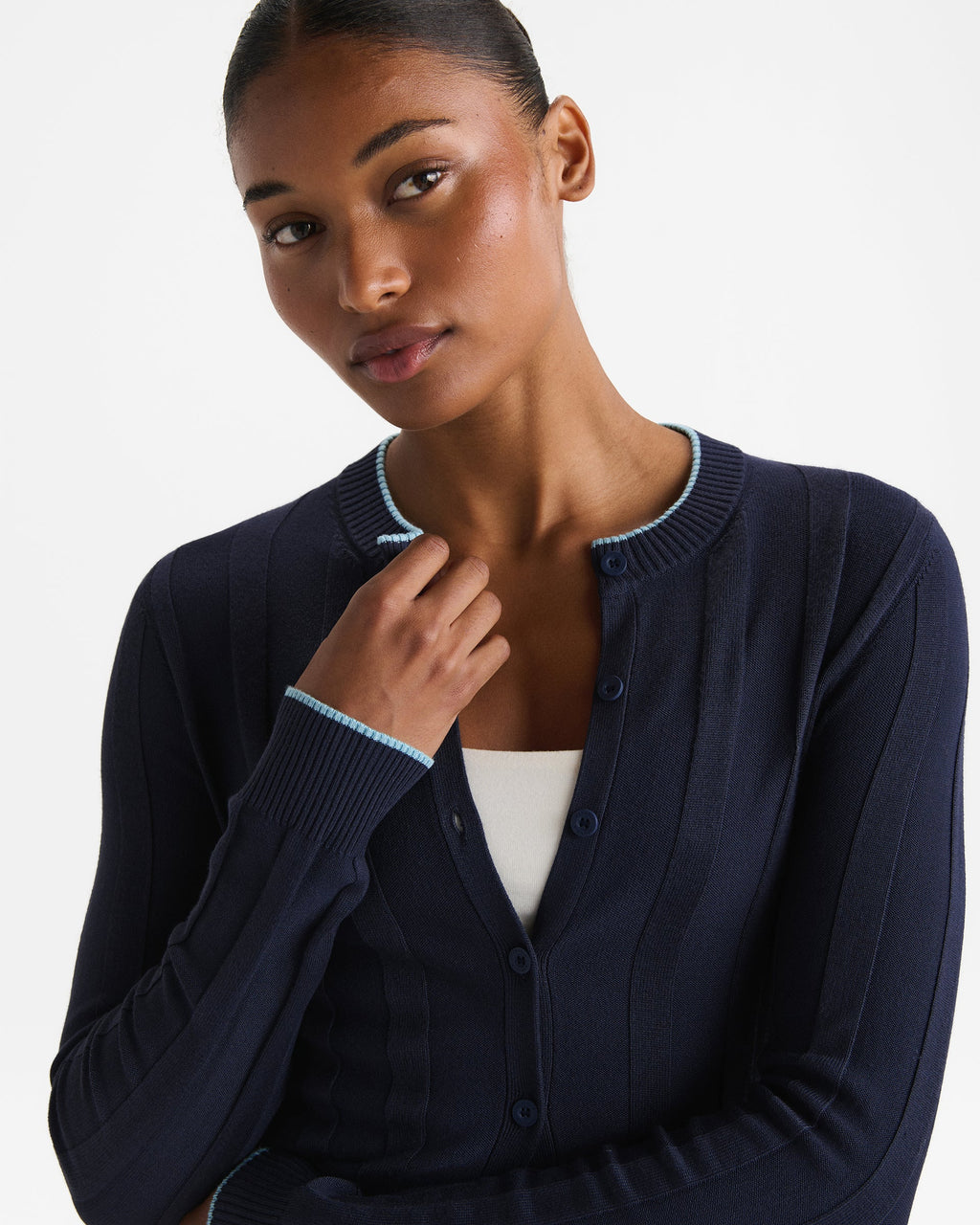Rib Knit Contrast Tipping Cardigan - Navy Blue/Ocean Blue