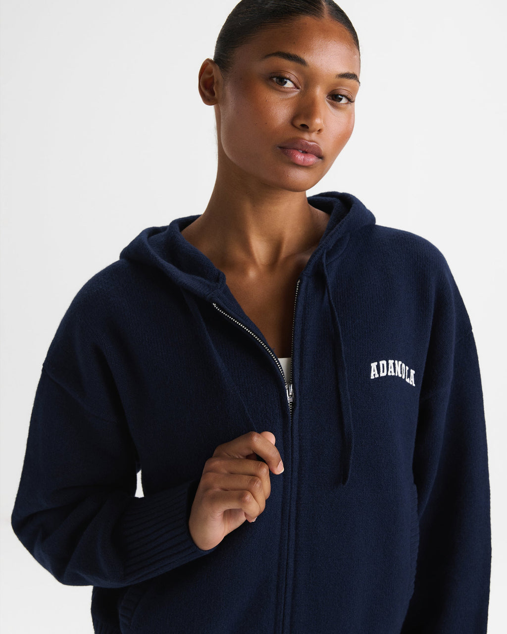 Varsity Knit Hooded Bomber Jacket - Navy Blue/Marshmallow White