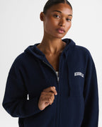 Varsity Knit Hooded Bomber Jacket - Navy Blue/Marshmallow White