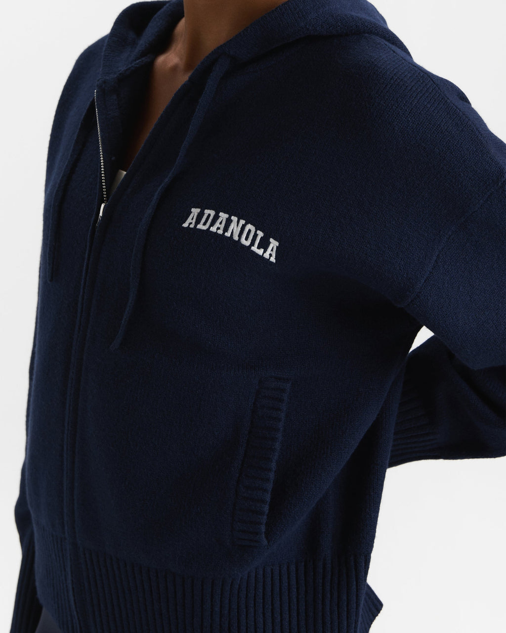 Varsity Knit Hooded Bomber Jacket - Navy Blue/Marshmallow White