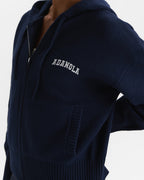 Varsity Knit Hooded Bomber Jacket - Navy Blue/Marshmallow White