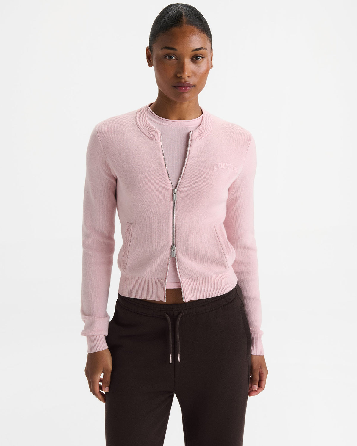 Varsity Knit Zip Through Cardigan - Pink