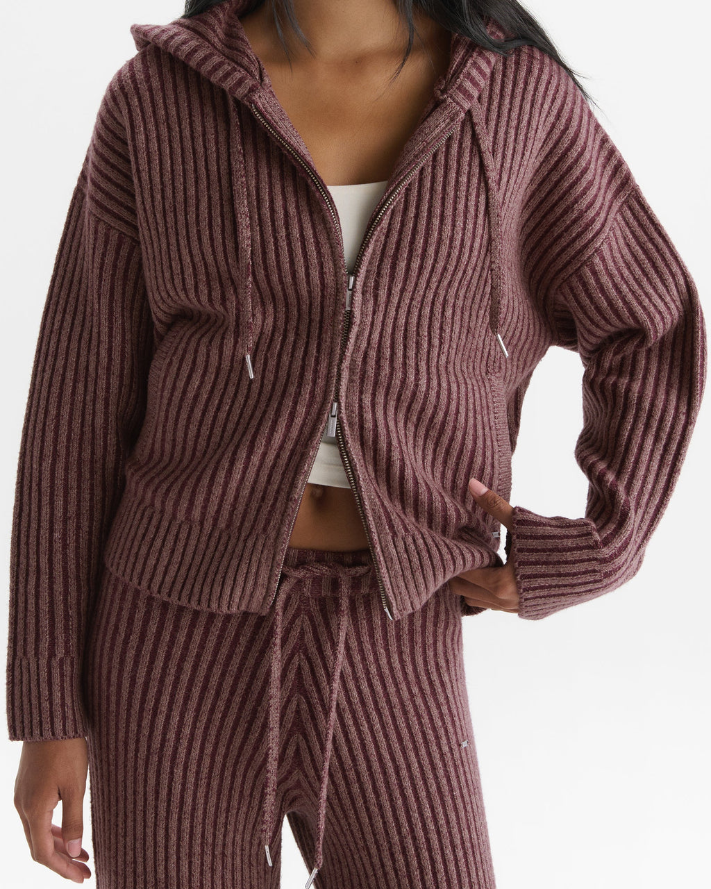 Two Tone Rib Knit Zip Through Hoodie - Damson Red