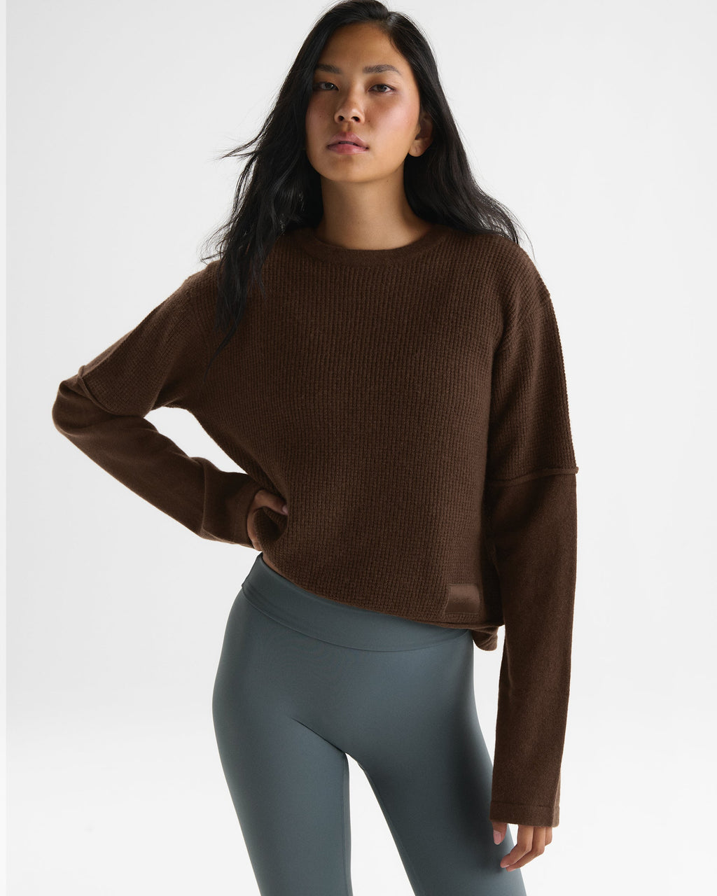 Double Layered Cashmere Blend Knit Long Sleeve Top - Chocolate Brown