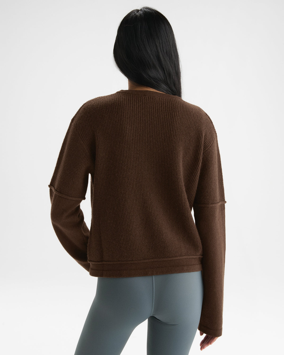 Double Layered Cashmere Blend Knit Long Sleeve Top - Chocolate Brown