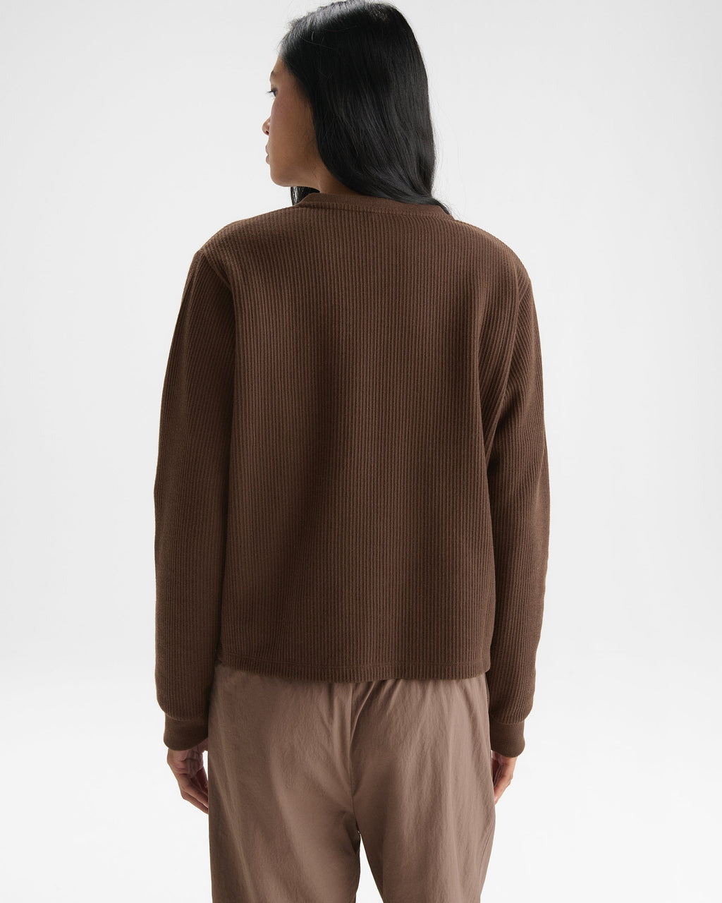 Long Sleeve Rib Henley Top - Chocolate Brown