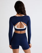 Classic Seamless Open Back Long Sleeve Top - Navy Blue