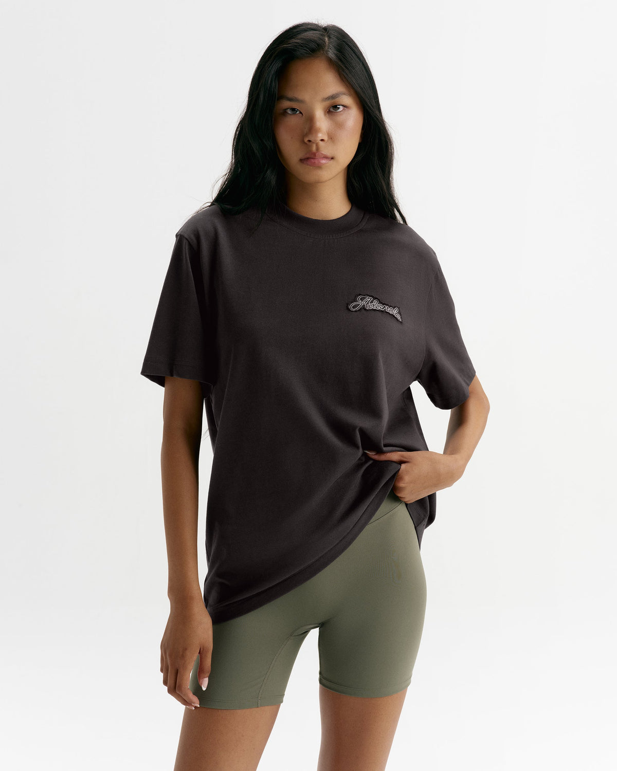 Adanola Script Applique Short Sleeve Oversized T-shirt - Coffee Bean/Marshmallow White