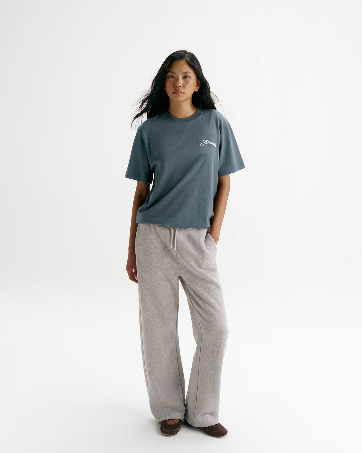 Adanola Script Embroidered Short Sleeve Oversized T-shirt - Storm Blue/Marshmallow White