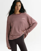 Varsity Knit Roll Hem Stripe Sweatshirt - Damson Red