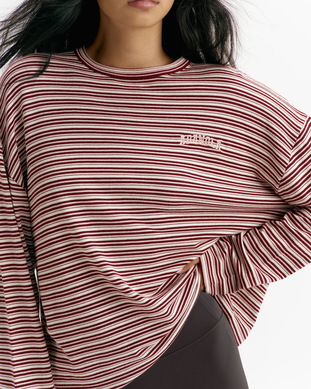 Varsity Knit Roll Hem Stripe Sweatshirt - Damson Red