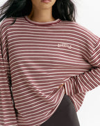 Varsity Knit Roll Hem Stripe Sweatshirt - Damson Red