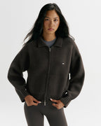 Knit Collared Bomber Jacket - Coffee Bean