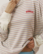 Varsity Knit Roll Hem Stripe Sweatshirt - Marshmallow White