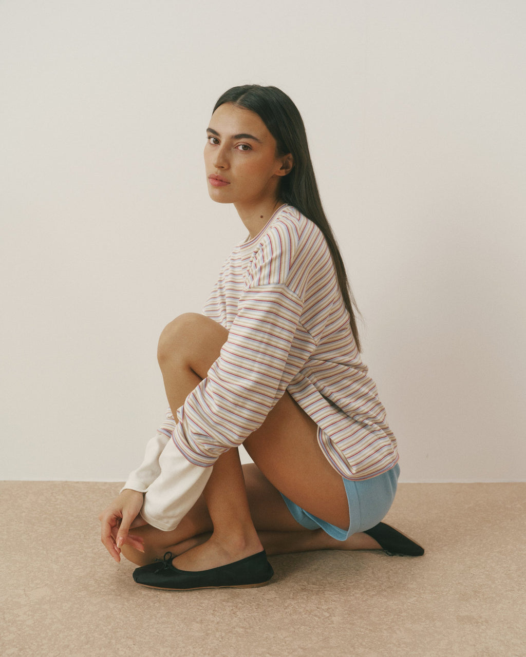 Varsity Knit Roll Hem Stripe Sweatshirt - Marshmallow White