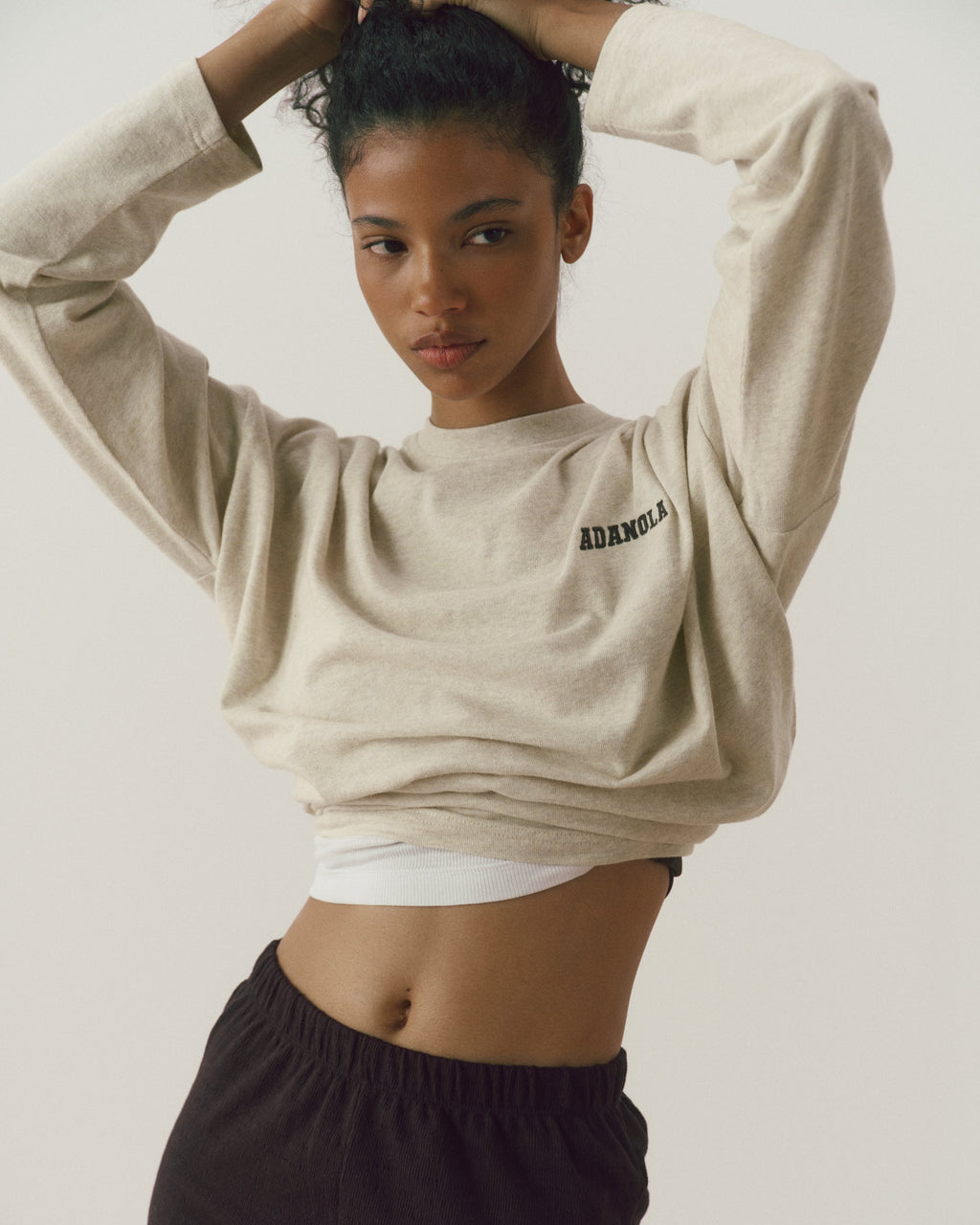 Varsity Long Sleeve Drop Shoulder T-shirt - Oat Melange/Coffee Bean