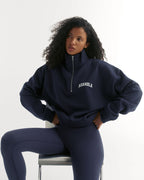 Varsity Relaxed Funnel Neck Zip Sweatshirt - Navy Blue