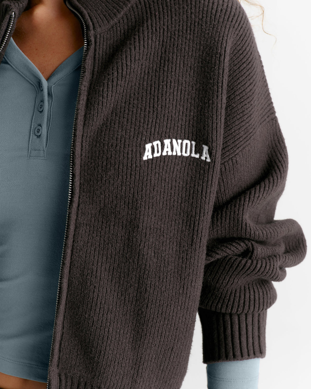 Varsity Ribbed Zip Through Knit Sweatshirt - Coffee Bean