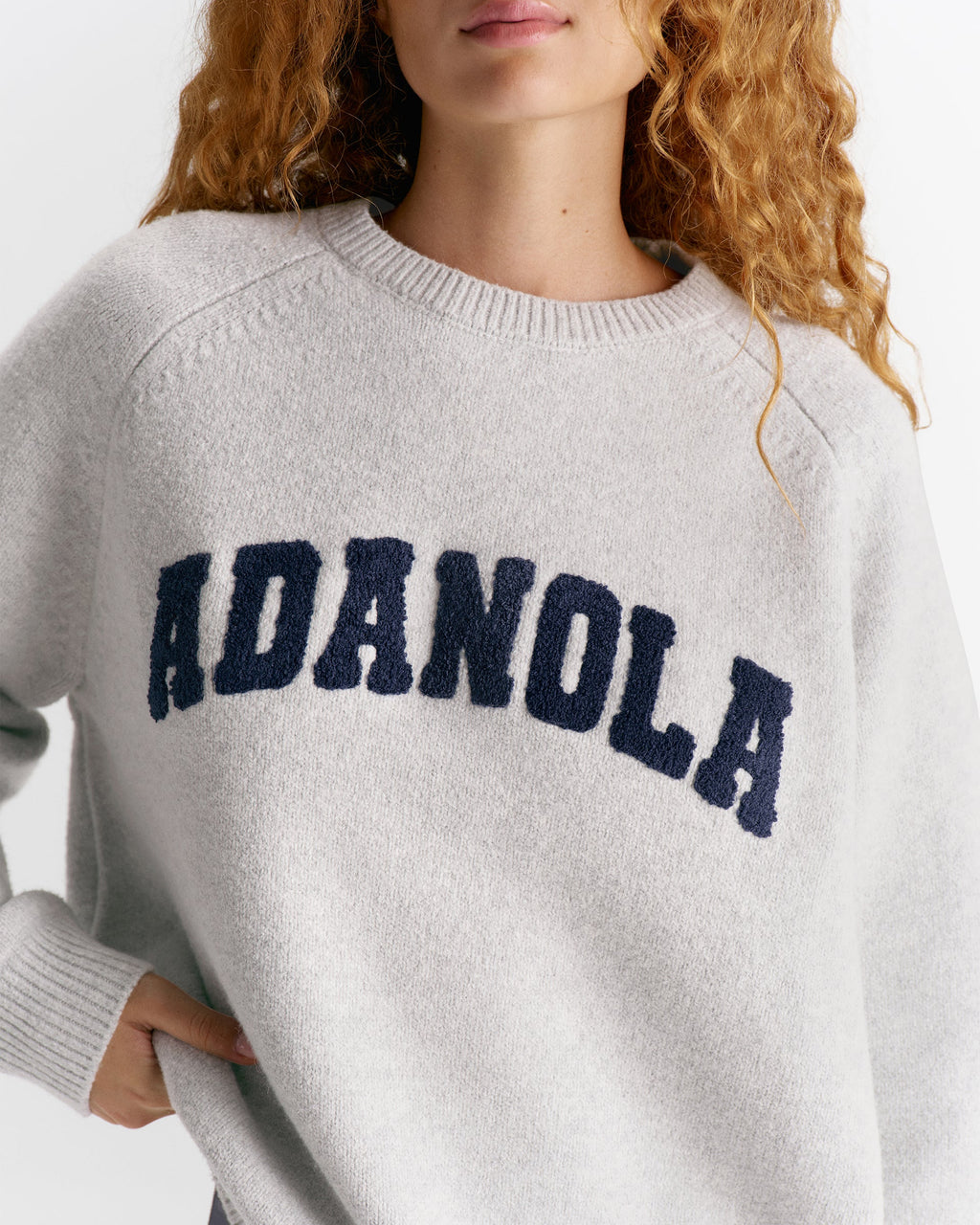 Varsity Boucle Oversized Knit Sweatshirt - Light Grey Melange/Navy Blue