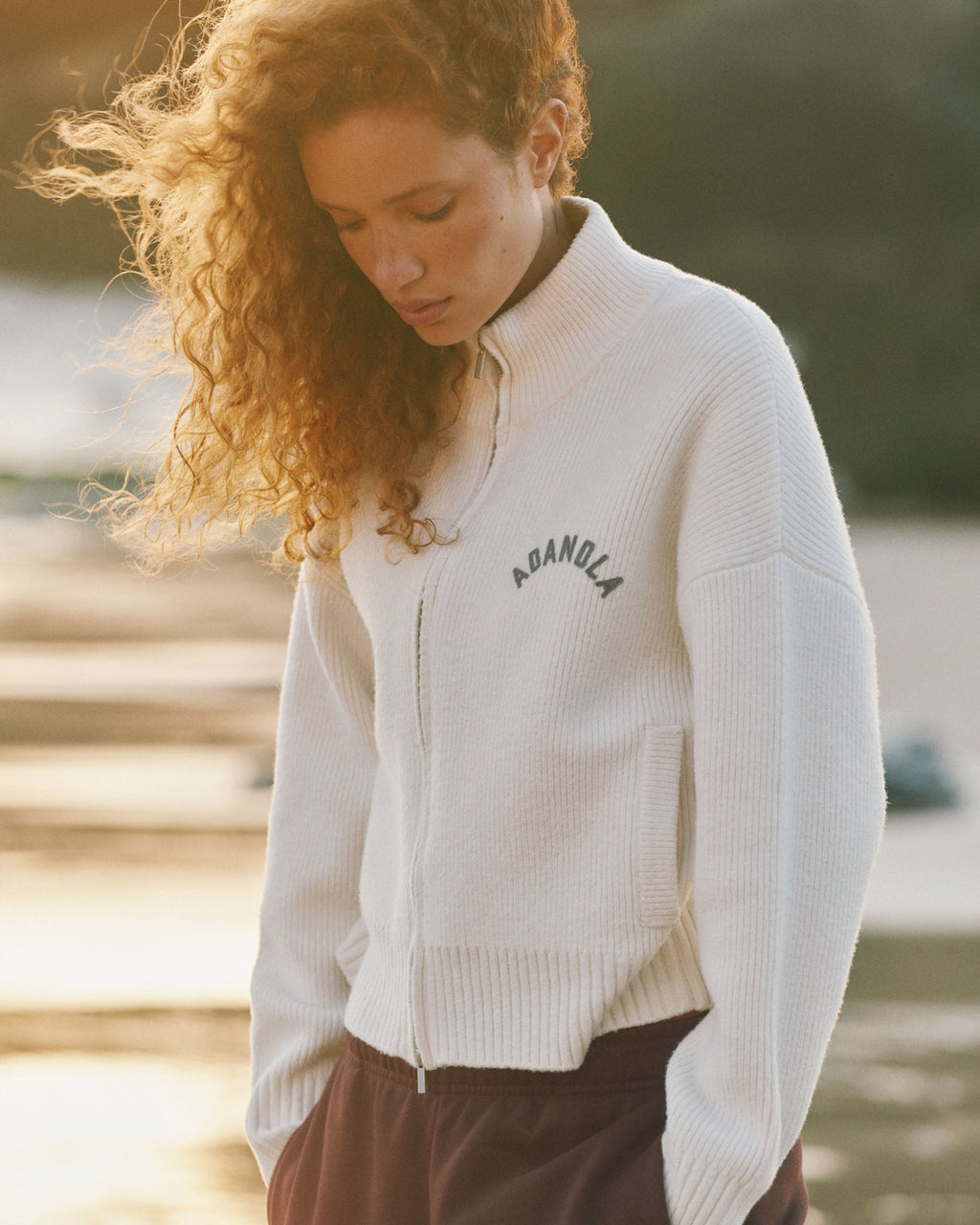 Adanola Sport Knit Zip Up Funnel Neck Sweatshirt - Marshmallow White