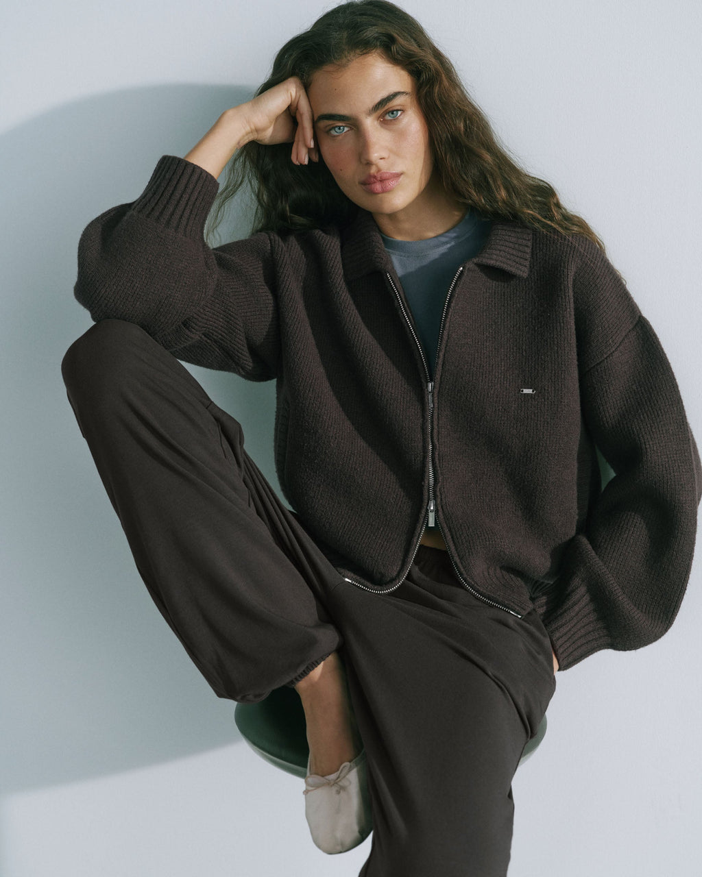 Knit Collared Bomber Jacket - Coffee Bean